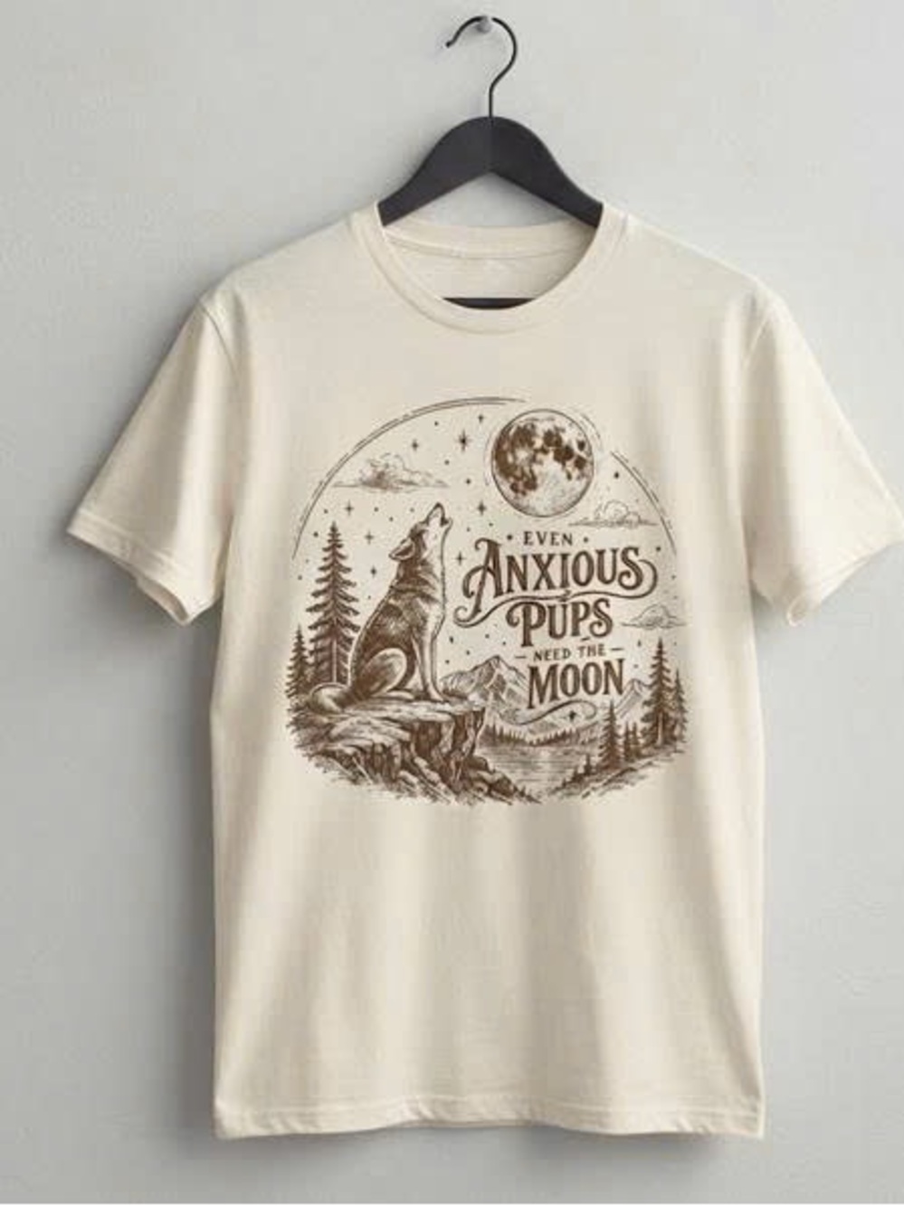 Cream Short-Sleeve Tee with Brown Moon & Wolf Graphic